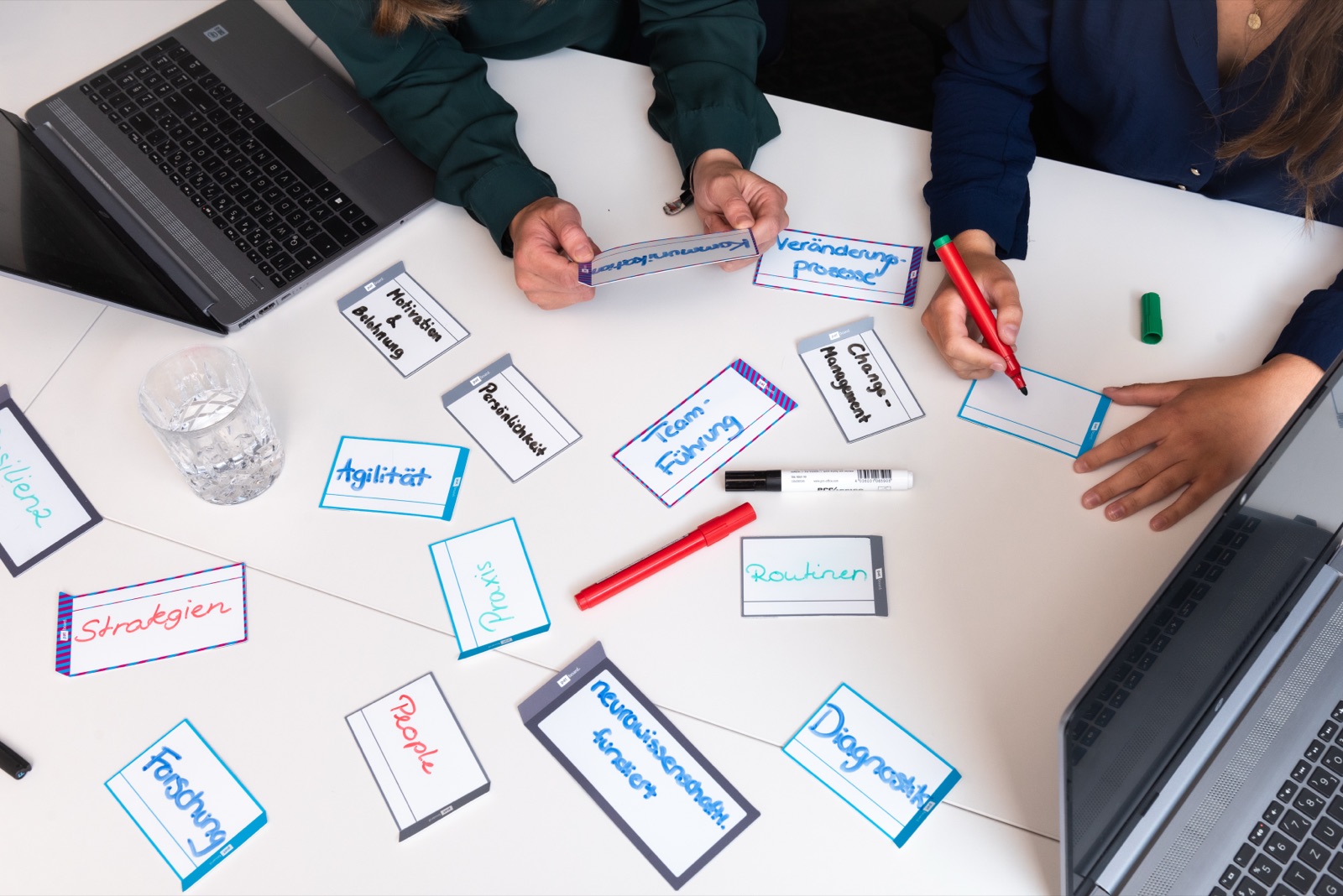 Themenkarten zu Führung, Change-Management und Neurowissenschaft auf dem Werkstatttisch